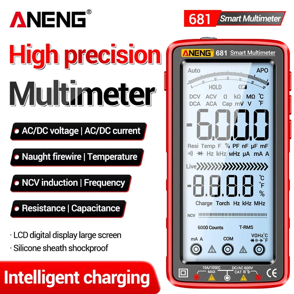 Multimetro Digitale Ricaricabile ANENG 681, Misuratore di Tensione AC/DC Senza Contatto, Schermo LCD, Tester Professionale per Elettricisti