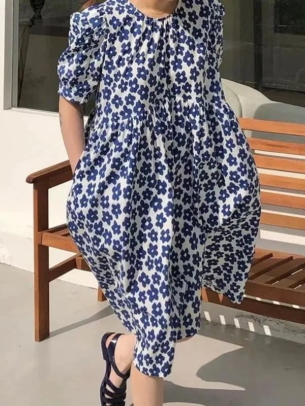 Abito Estivo da Donna Stile Casual con Stampa Floreale, Gonna Lunga in Fibra di Poliestere Traspirante a Maniche Corte