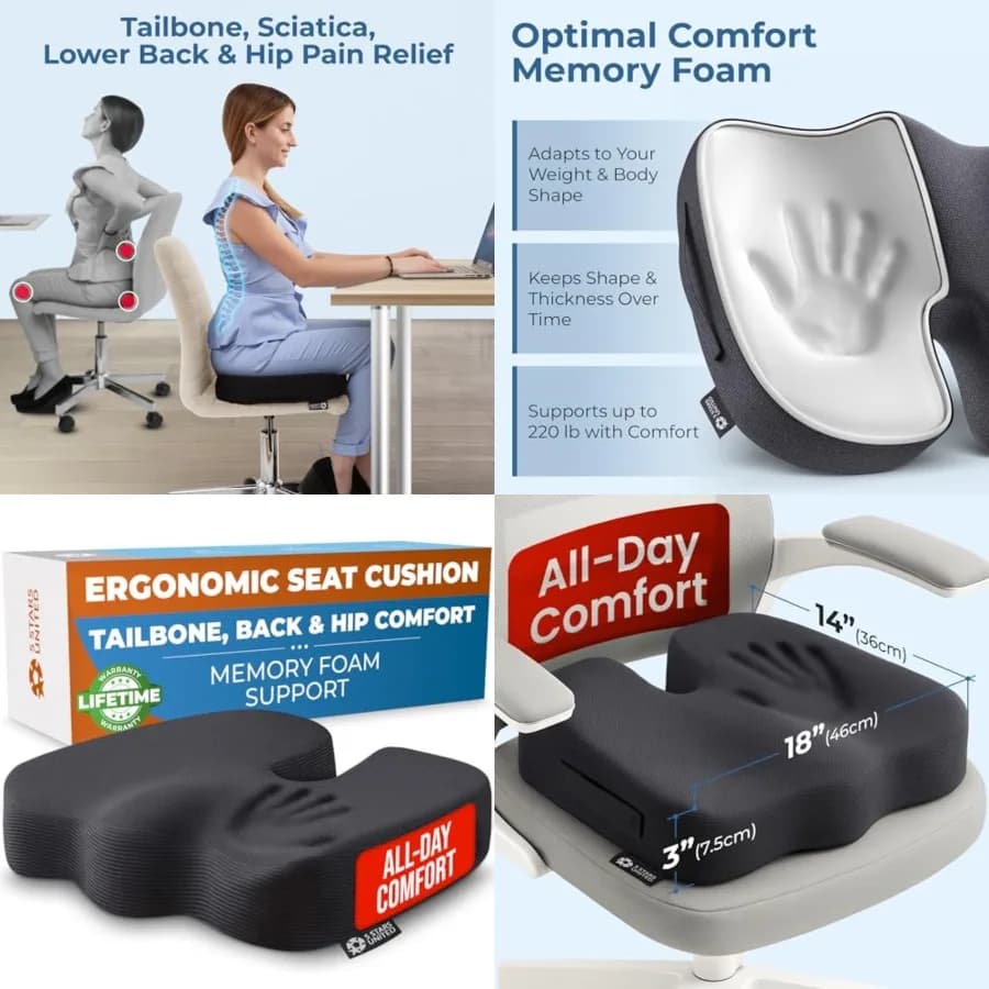 Cuscino per Sedia - Cuscino in Memory Foam per Alleviare il Dolore al Coccige - Supporto Ergonomico per Coccige, Sciatica e Glutei - Per Ufficio, Scrivania