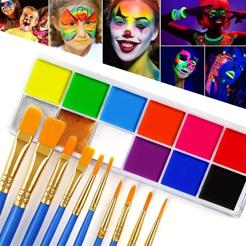 12-Color Vibrant UV Glow Face Paint Kit -Long-Lasting Oil-Neon Fluorescent Palette with Brushes Body Art Nighttime Face Painting