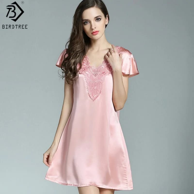BirdTree,16MM 100% Real Silk Pajamas Dresses,Women Short Sleeve V-neck Dress,Sexy Casual Nightdress,2026 Spring New D61717JF