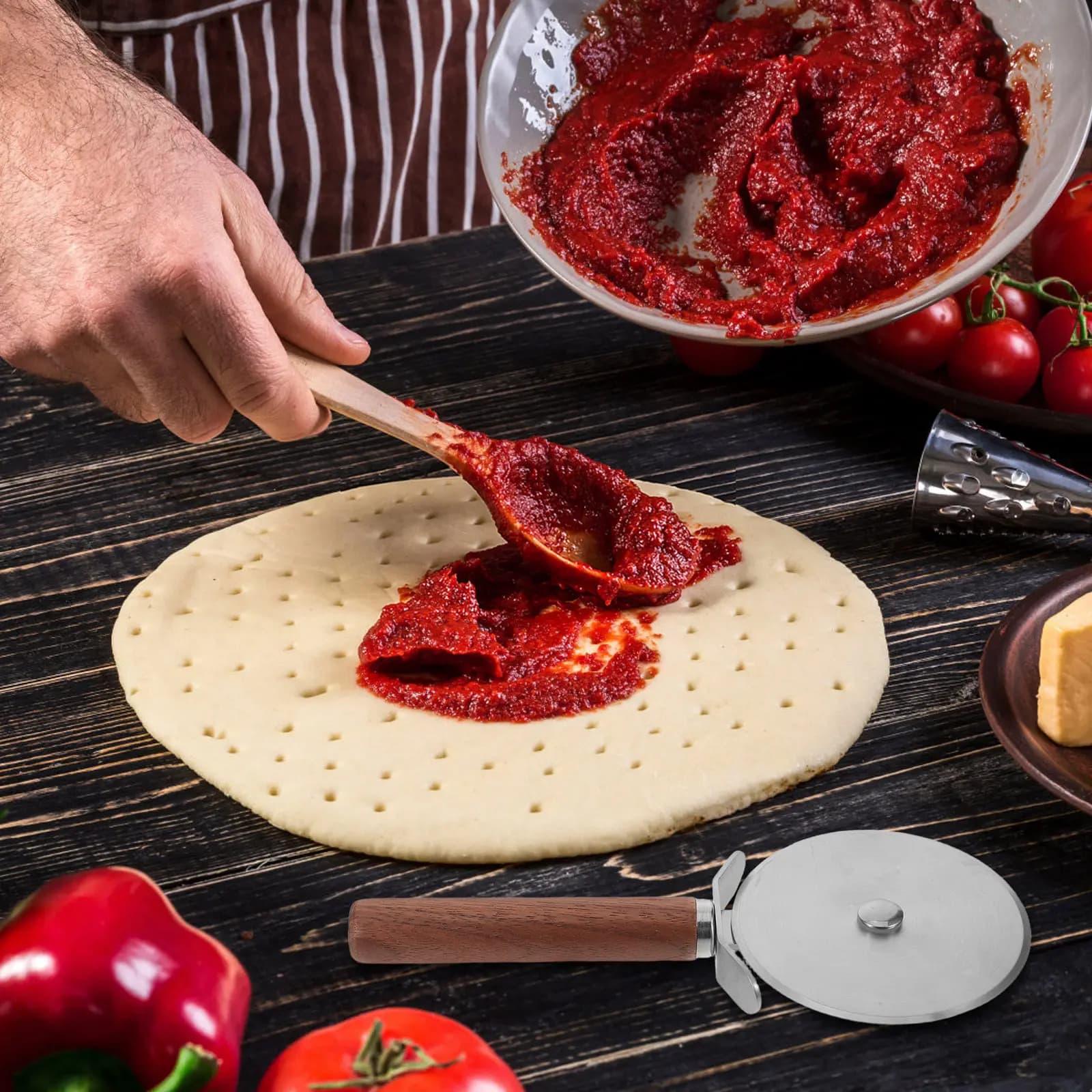 Premium Stainless Steel Pizza Cutter Wheel with Comfort Grip Wooden Handle Perfect for Pizza Dough Pastry Spaghetti Ravioli