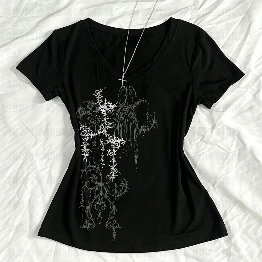 Gothic punk rock women's short sleeved sexy slim fit casual chic printed slim fit T-shirt Harajuku Emo Y2K spicy girl T-shirt