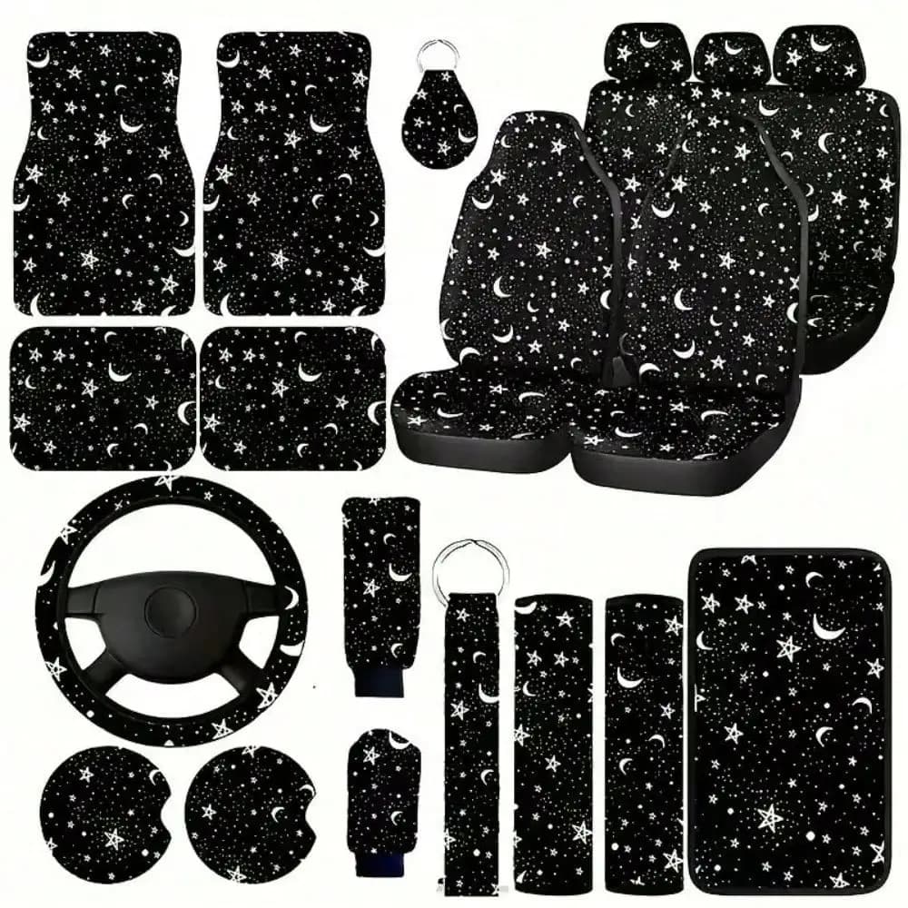 21 Pieces of Moon and Star Luxury Car Seat Set, universal 15 inch Steering Wheel Cover, Seat Belt Shoulder Pad, Keychain, Coaster, Glove and Handbrake Cover, Stylish Car Interior Set