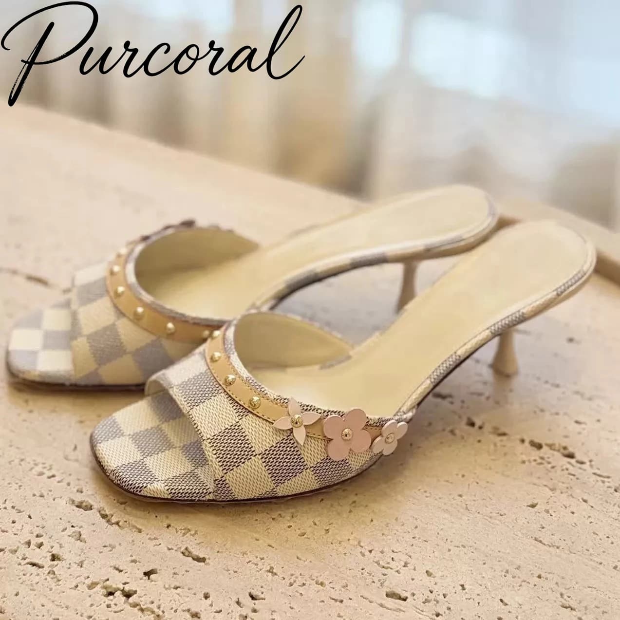 Purcoral 2026 Summer Women Plaid Slide Square Pink Floral Rivet Decor Thin Heel Slip On Slippers Fashion Sandalias