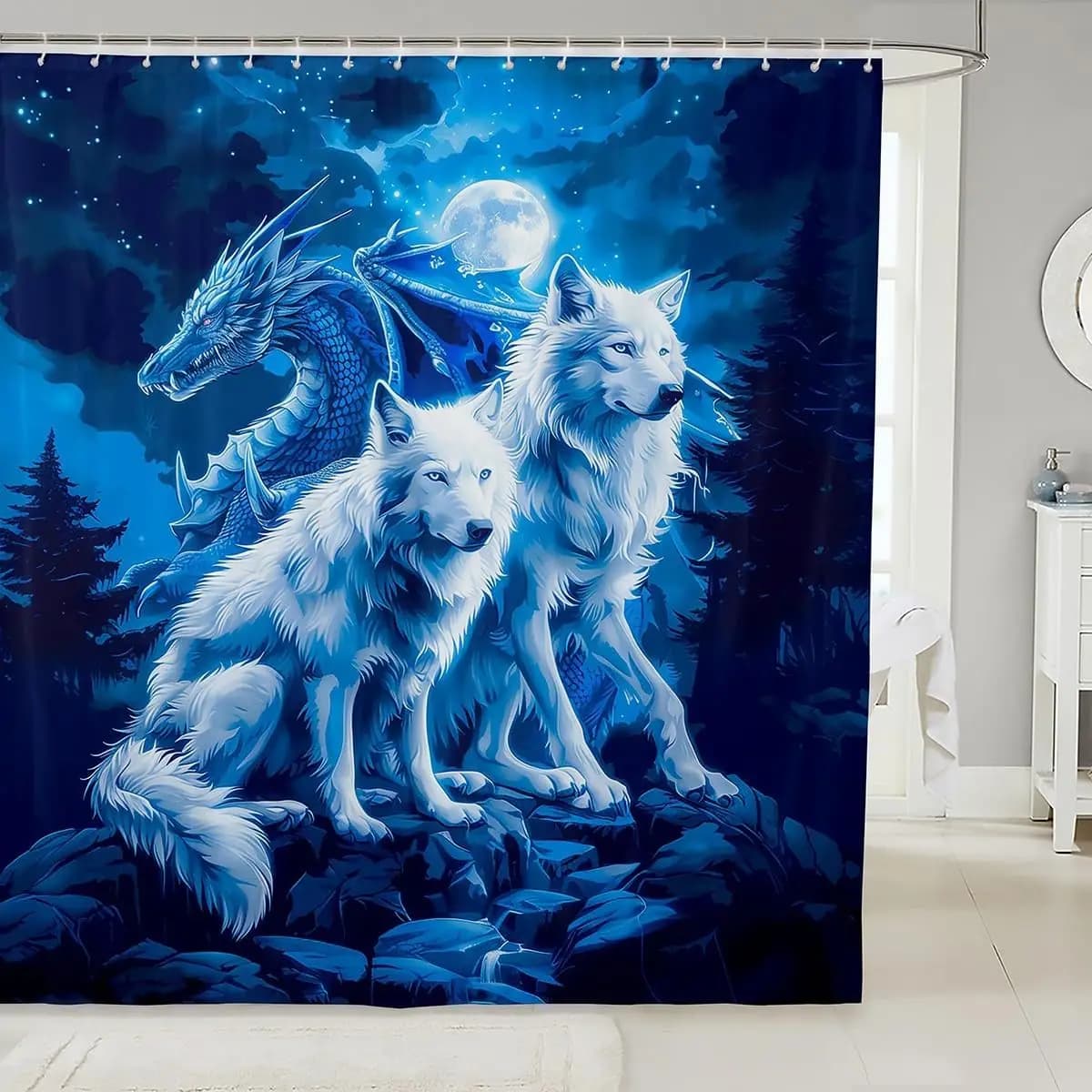 Decorazione da bagno lupo e drago, set di tende da doccia con cielo stellato galassia blu per bambini ragazzi, set da bagno con drago gotico occidentale