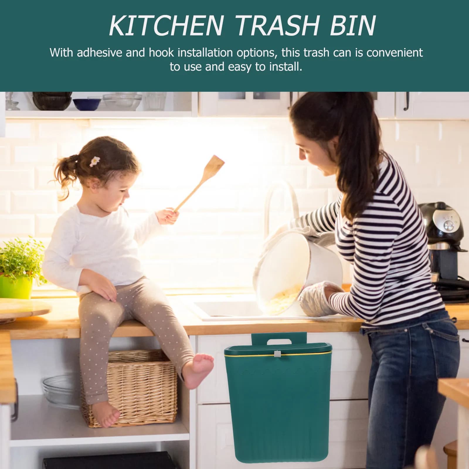 Large Capacity Wall Mount Trash Can Small Compost Bin Kitchen Cabinet Door Waste Holder Flip Lid Sliding Design Adhesive Hook