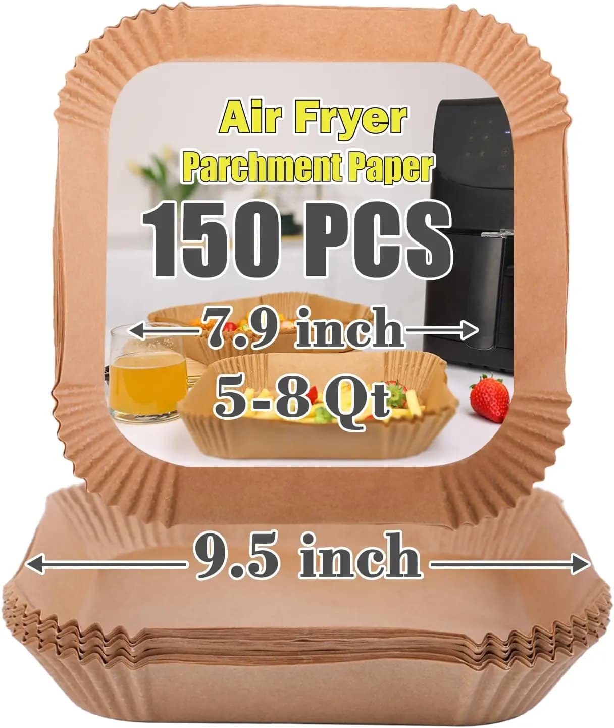 150 Pezzi di Carta da Forno Quadrata Antiaderente Monouso da 7,9 Pollici per Friggitrice ad Aria, per Cestelli da 5-8 Qt