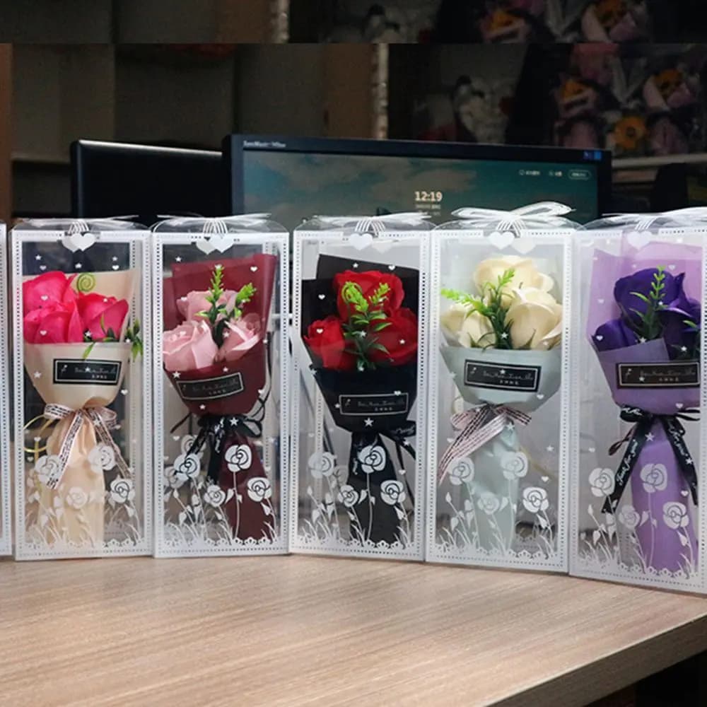 3 teste Bouquet di Rose artificiali mano che tiene il fiore di sapone regalo di san valentino decorazione di nozze fiori artificiali anniversario