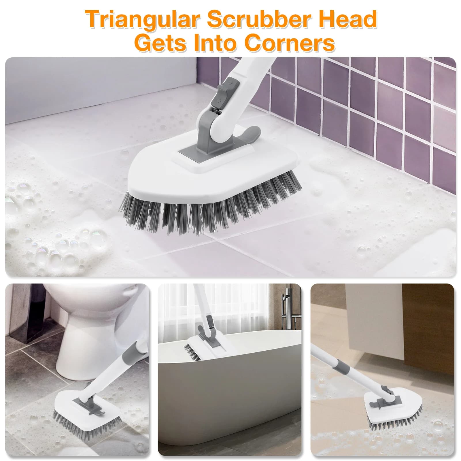 4in1 Shower Scrubber Cleaning Brush, Tub and Tile Scrubber with Long Handle for Toilet Bathroom Kitchen Wall Floor Glass