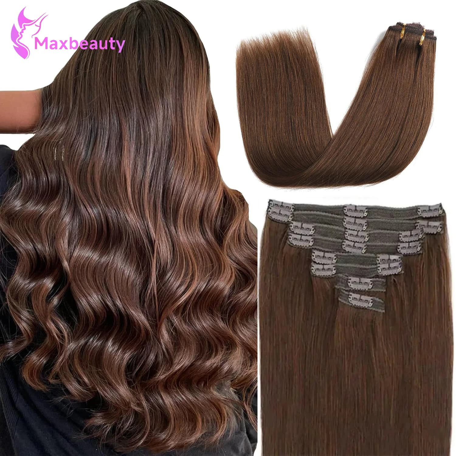 Estensioni a clip Estensioni per capelli lisci morbidi castano cioccolato Clip nelle estensioni dei capelli Capelli umani veri 8 pezzi Clip Ins 120 g/pacco