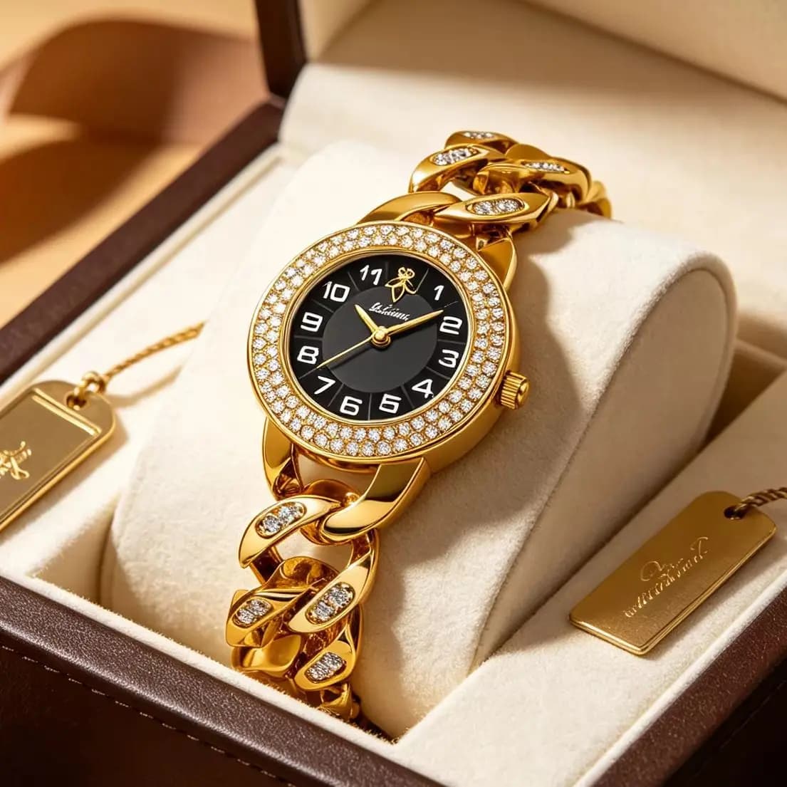 YaLaLuSi Gold Cuban Chain Women Watch Full Crystal Diamond Bezel White Dial Arabic Numeral Ladies Quartz Wristwatch Bling Luxury Rhinestone Dress Jewelry Gift for Her