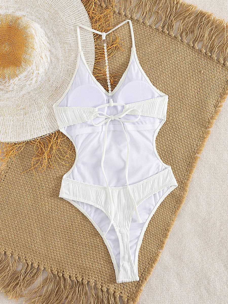 Pearls Wrinkled V Neck Backless Thong Female Swimwear One Piece Swimsuit Women Monokini High Cut Bathing Suit Swim Beach wear