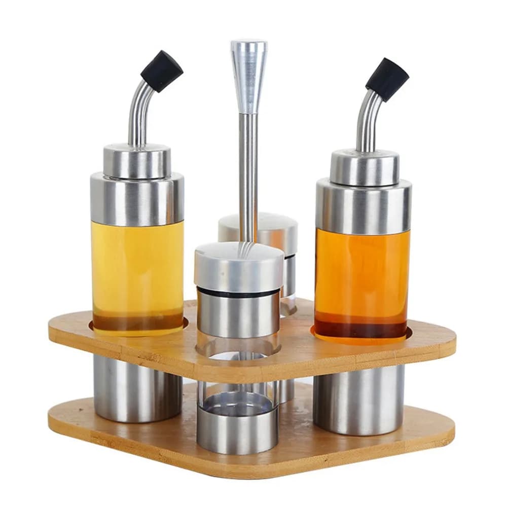 Set di 4 Bottiglie per Spezie in Acciaio Inox 304 con Supporto in Legno, Barattoli Traslucidi dalla Forma Unica, Dispenser per Aceto Durevole