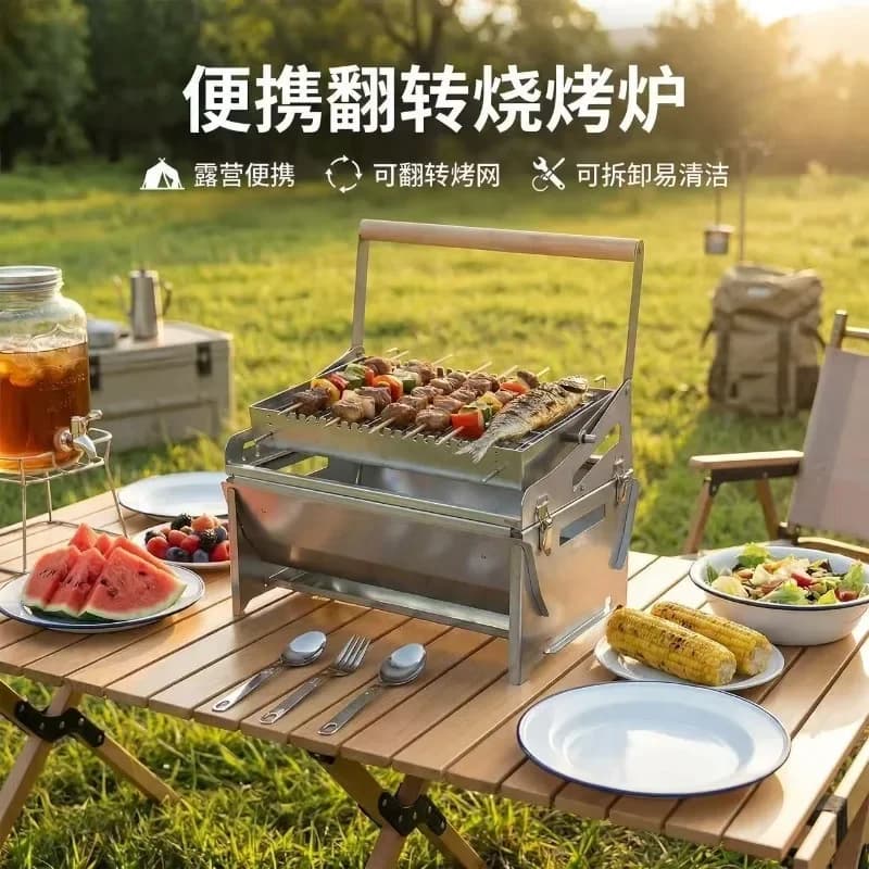 New Flip BBQ Grill Outdoor Camping Detachable Easy Clean Rotating Barbecue Stove Portable Picnic Meat Roast Rack