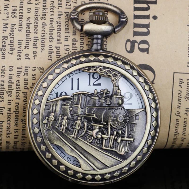 Vintage Steam Train Running on Tracks Pocket Watch Cable Necklace with Chain Pendant Quartz Watch Unisex Men's Gifts Woman