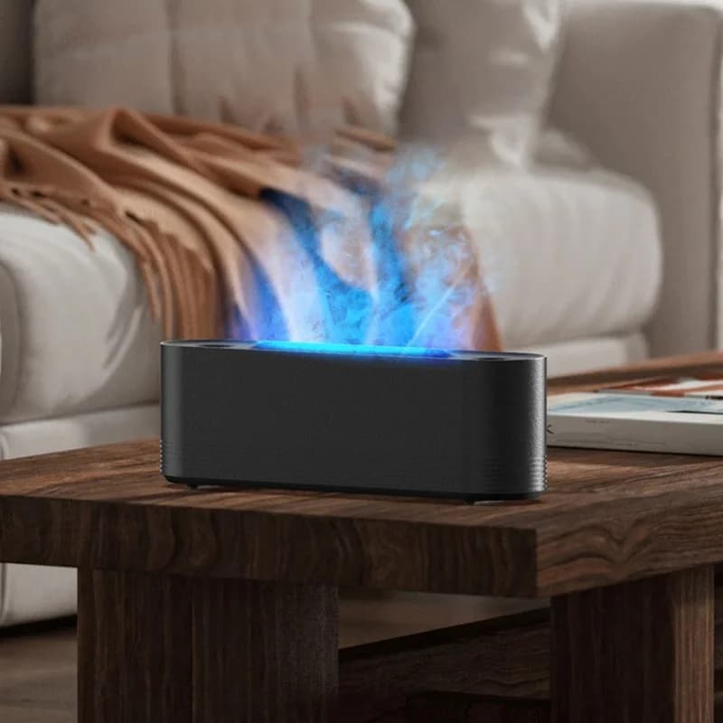 Diffusore di fiamma nero a forma di anello di fumo, umidificatore a fiamma con grande volume di nebbia per soggiorno e camera da letto