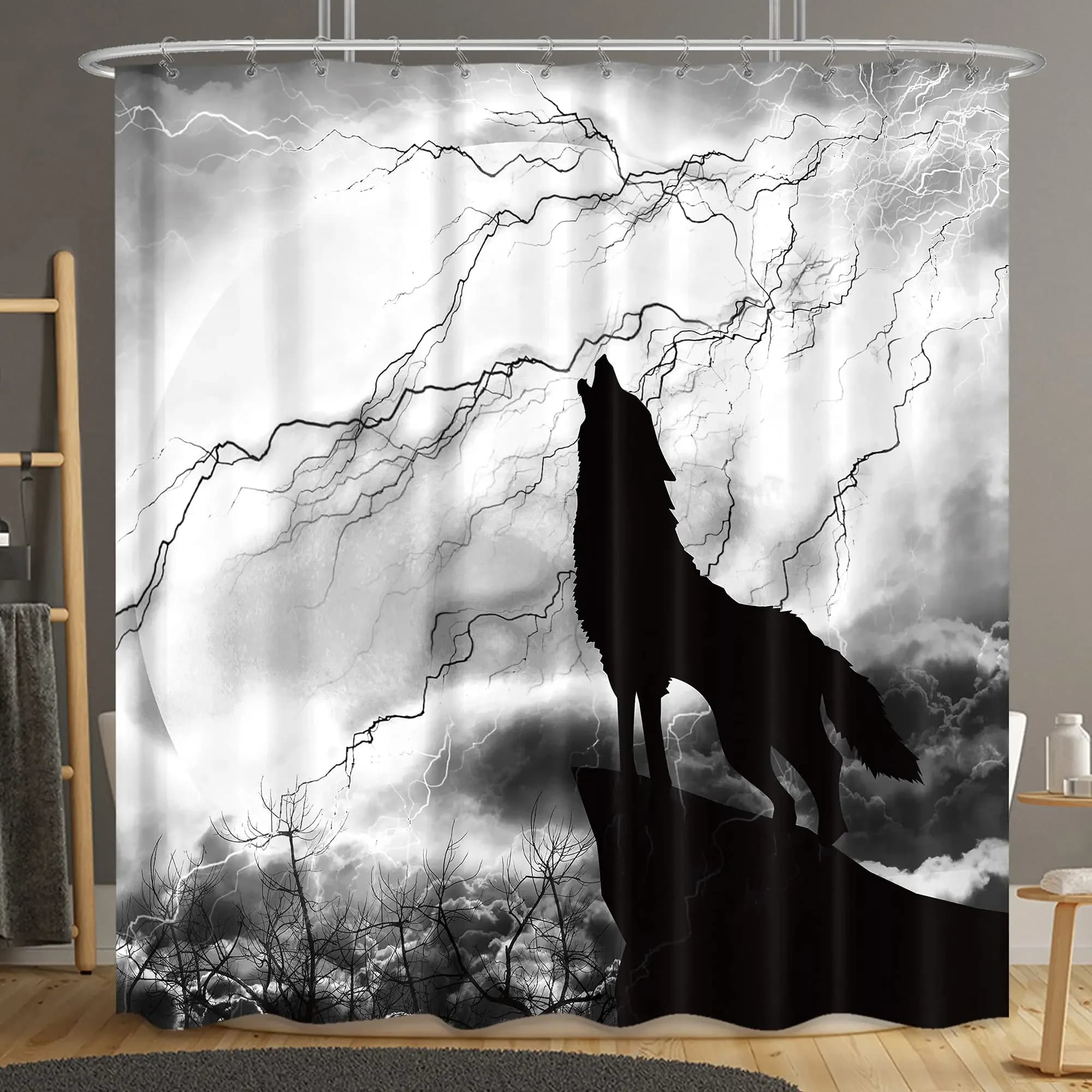 Tenda da doccia con silhouette di lupo, bianco e nero, con lupo che urla, tempesta, animali, chiaro di luna, decorazione mistica, impermeabile, con 12 ganci