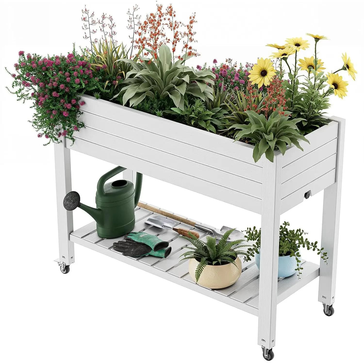 Raised planter on resin wheels with drainage vent and water monitoring for vegetables, flowers and fruit, customizable