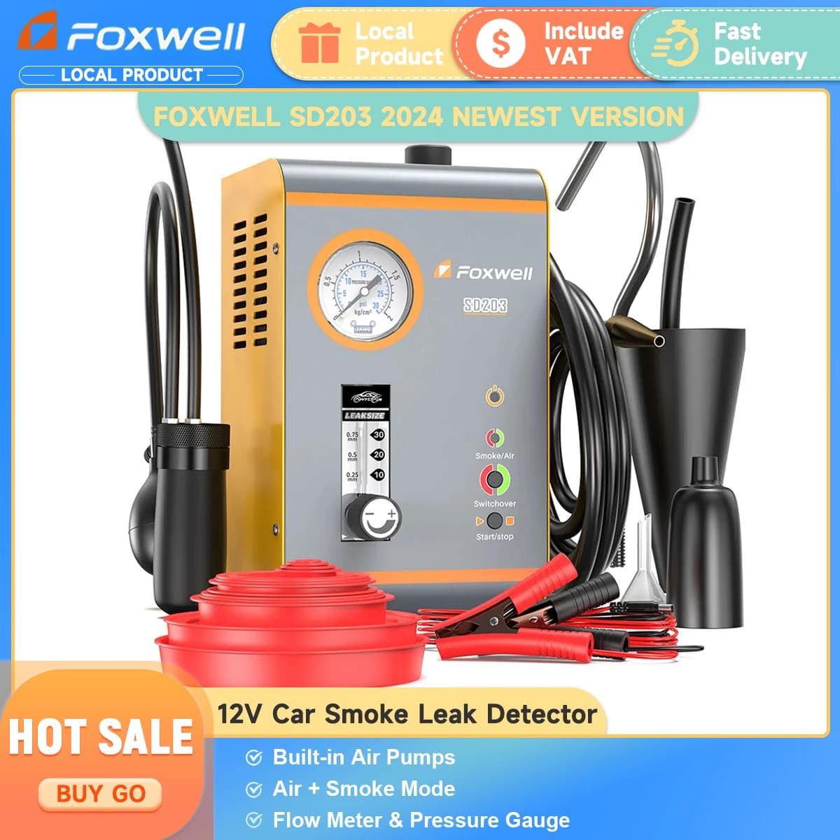 FOXWELL SD203 Car Smoke Loss Detector Built-in Air Pump EVAP Vacuum Loss Detector Double Mode Oil Pipe Loss Diagnosis