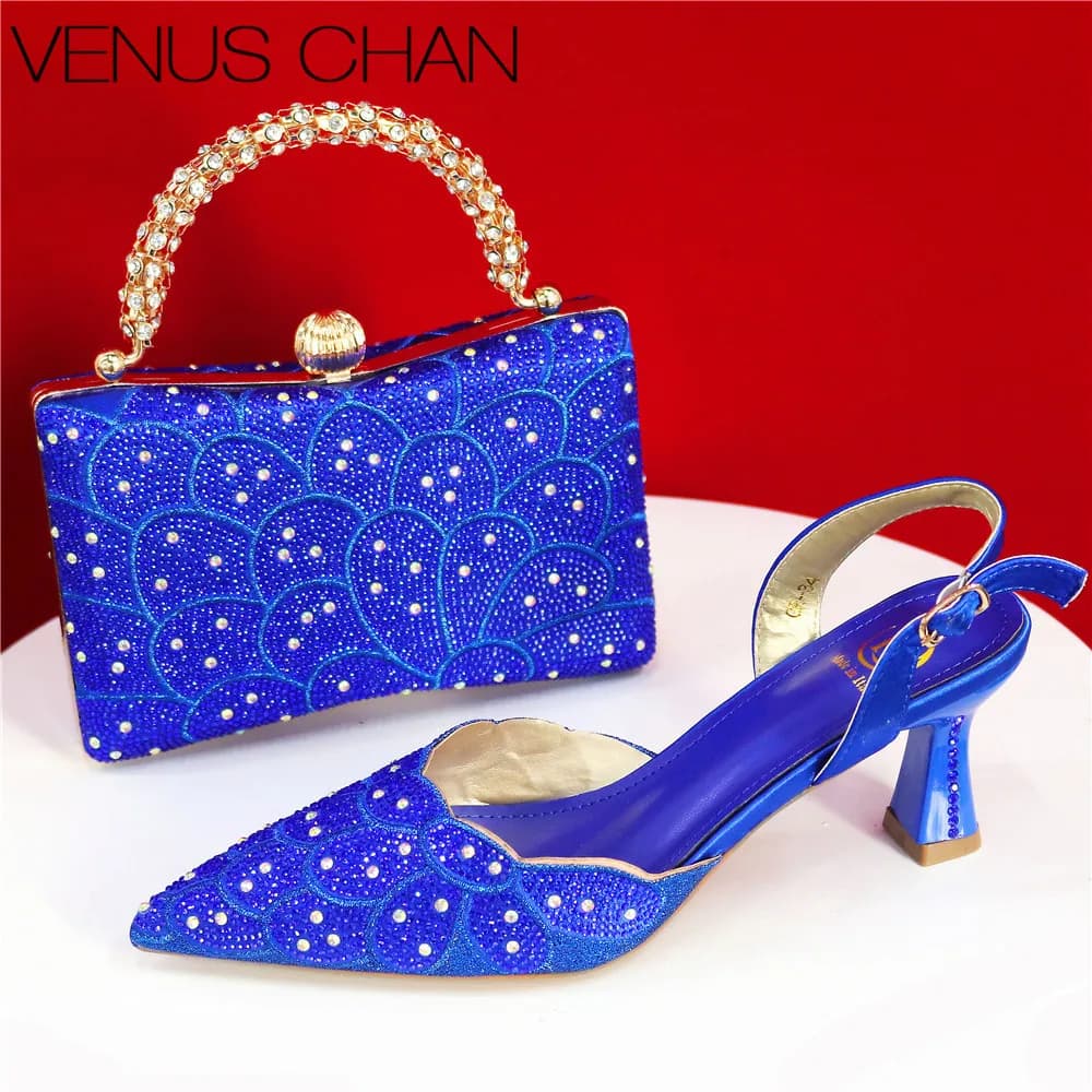 Set of shoes and handbags with low heel and blue royal rhinestones elegant and pointed - Luxury accessories for weddings and parties