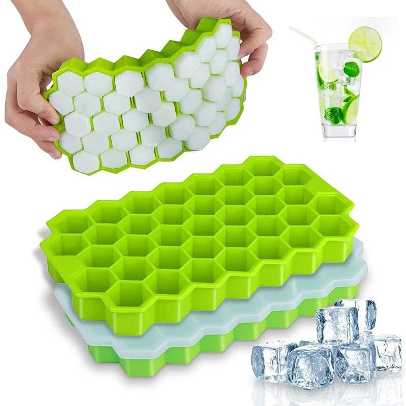 Vassoio per il ghiaccio in Silicone 37 griglie stampo per cubetti di ghiaccio esagonale con coperchio maglia cellulare impilabile stampo per ghiaccio fai da te cucina riutilizzabile per uso alimentare