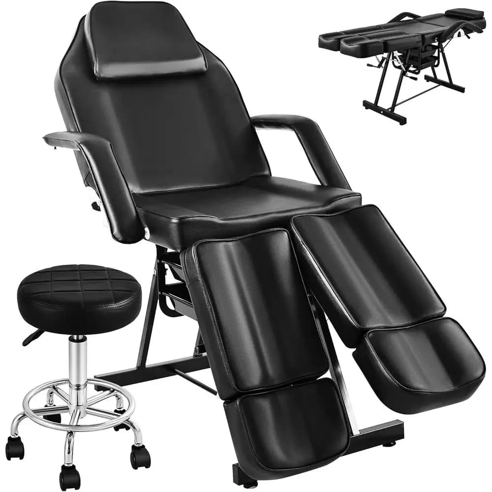 Black Split-Leg Facial Bed for Estheticians, Massage Therapists, and Tattoo Artists with Rolling Stool