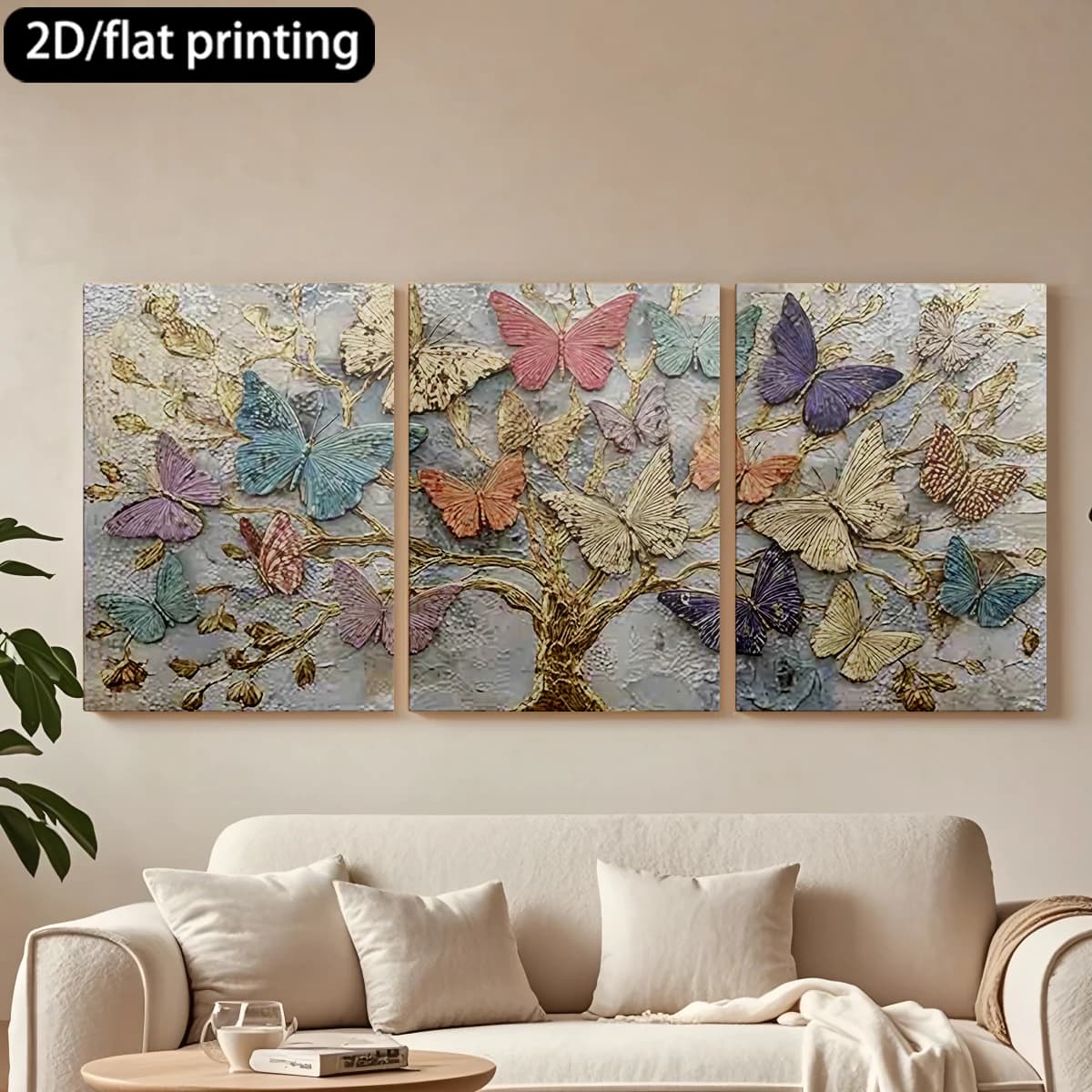 Decorative painting on canvas with wooden frame, 3 pieces, tree decorated with butterflies. Hall decoration, living room.