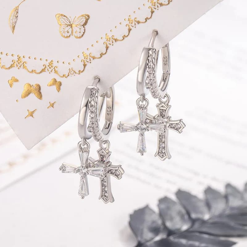 Micro zircone intarsiato doppia croce fibbia orecchio per le donne orecchini di design di nicchia di fascia alta di lusso leggero 925 gioielli orecchio in argento KOFSAC