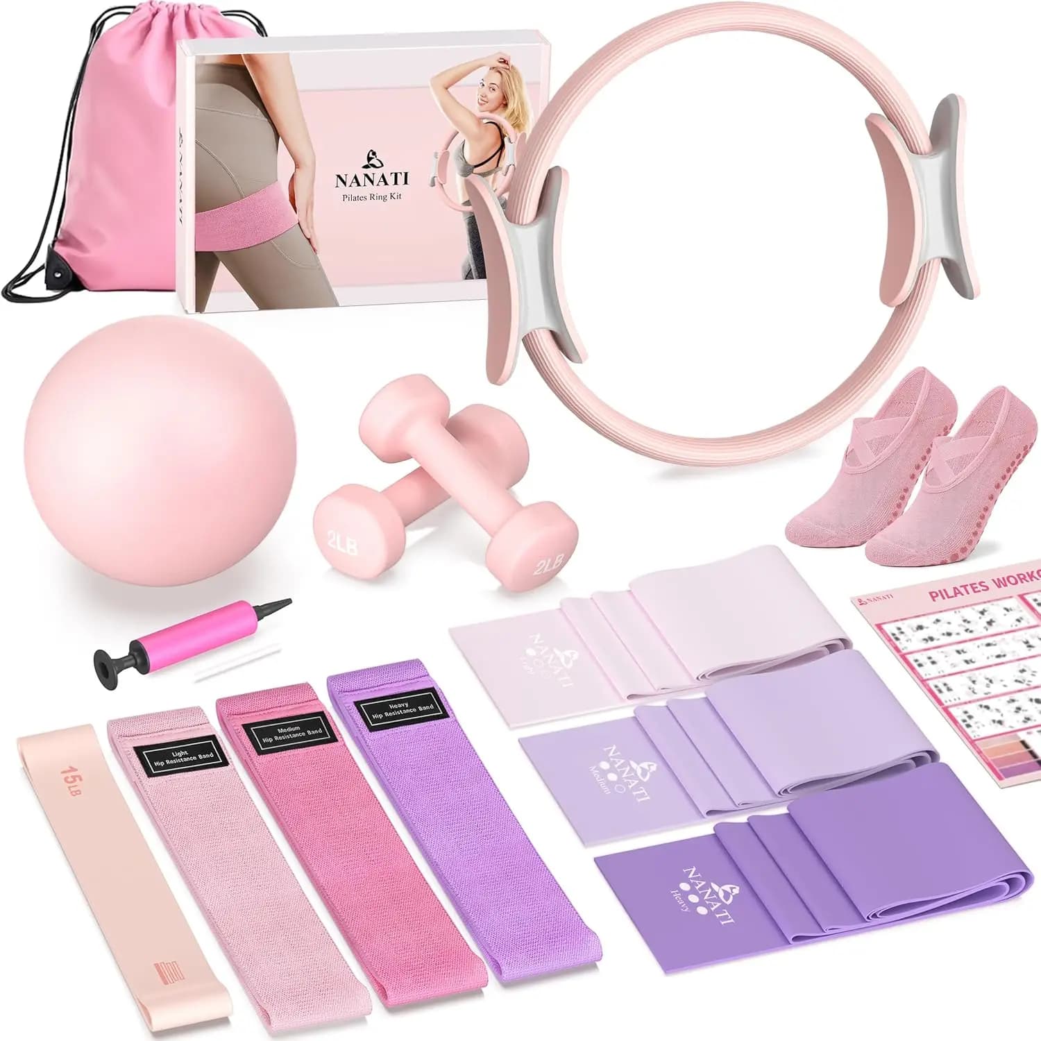 Kit Pilates for Women: 14,5 Inch Ring, Ball, Resistance Bands, Manubri e Calzini Anti-Slip - Initial Set for Home Training