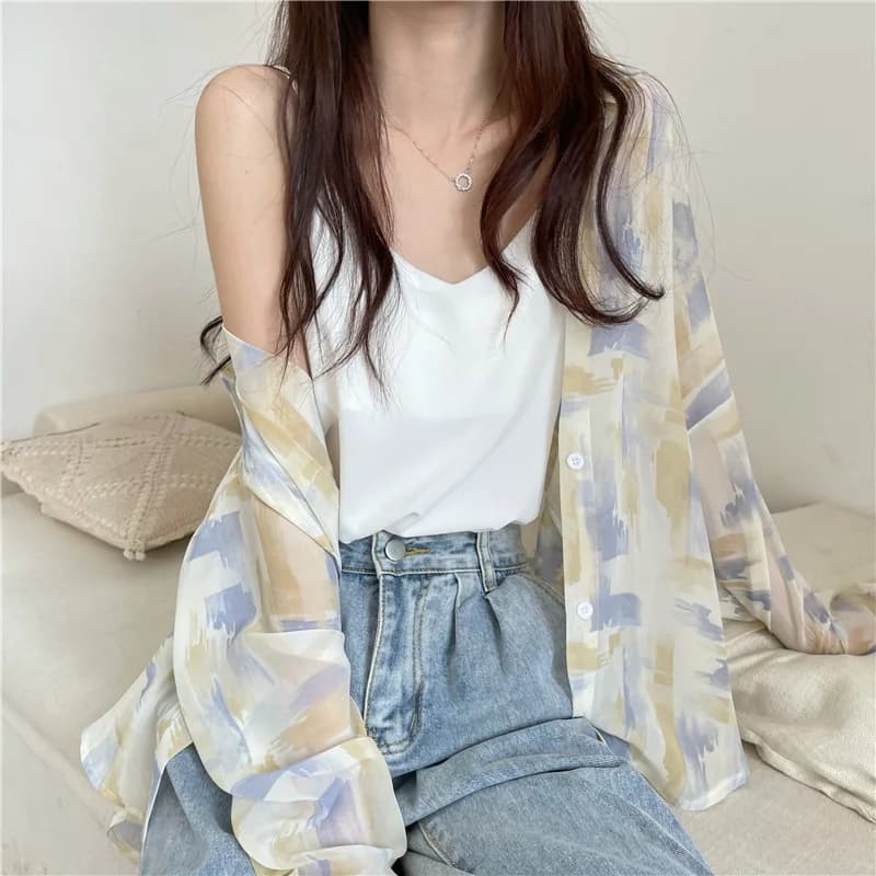Camicie a maniche lunghe da donna estetica lanterna oversize in chiffon con bottoni sul davanti minimalista femminile elegante abbigliamento preppy