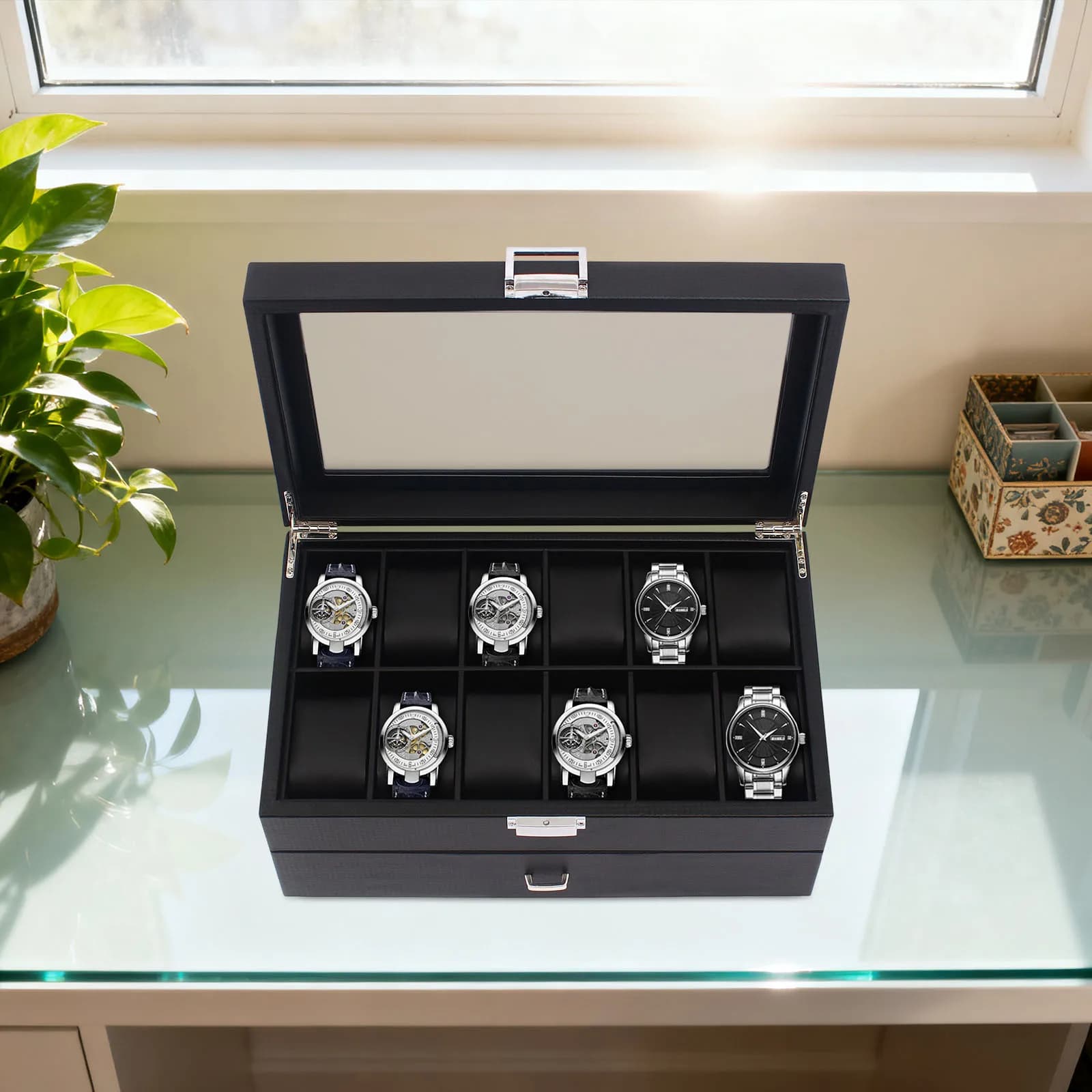 Double layer watch box with 24 slots, carbon fiber jewelry organizer with lock, with glass top, for watches, bracelets, necklaces, black