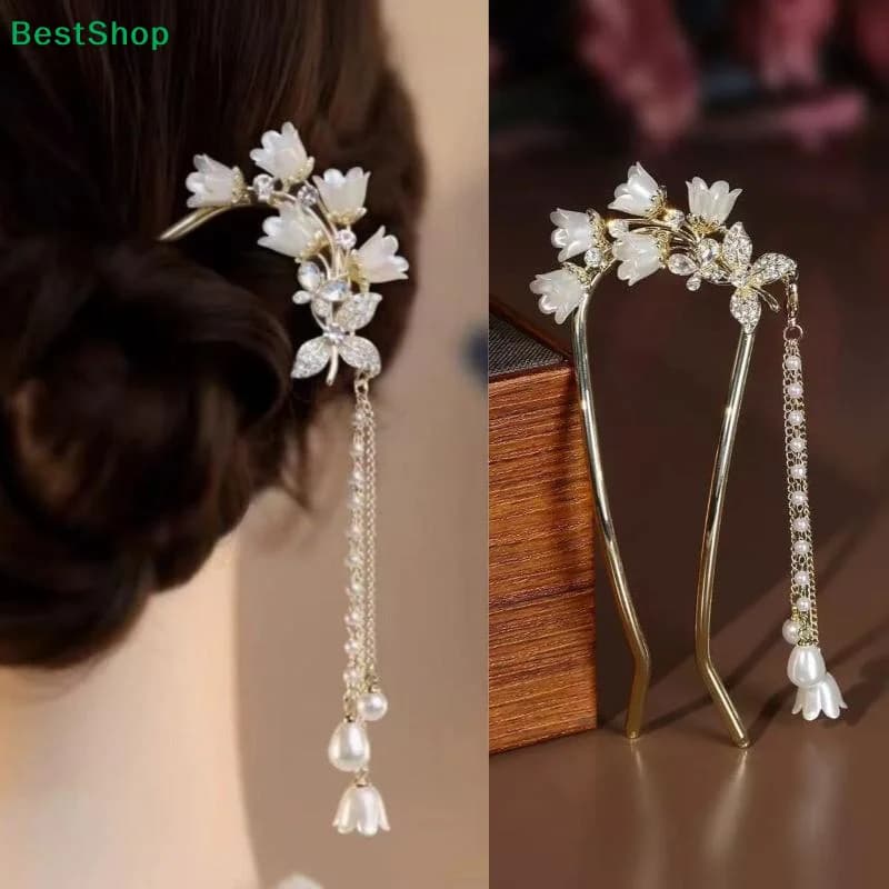 〔R〕Elegante forcina floreale per capelli - Forcina con nappe di cristalli e perle per chignon e occasioni formali