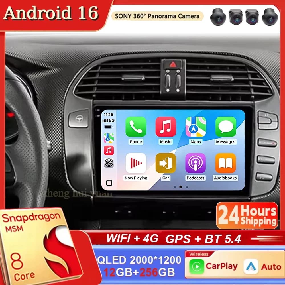 Android 16 For Fiat Bravo 198 2 II 2007 -2014 CarPlay&Auto Car Radio Stereo GPS Navigation Multimedia Player Wireless WIFI BT FM