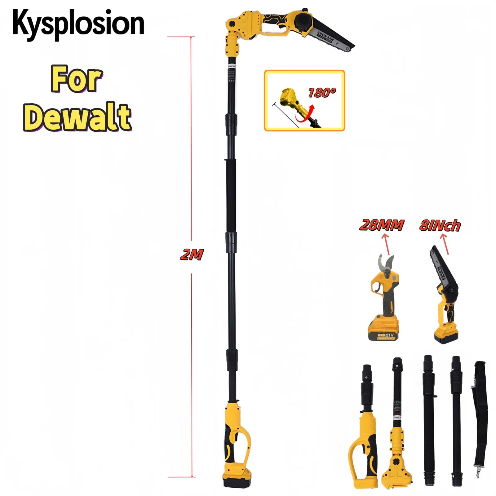 3 IN 1 Motosega elettrica senza spazzole da 8 pollici Forbici da 28 mm Asta telescopica Strumento di potatura da giardino alto per batteria Dewalt 20V