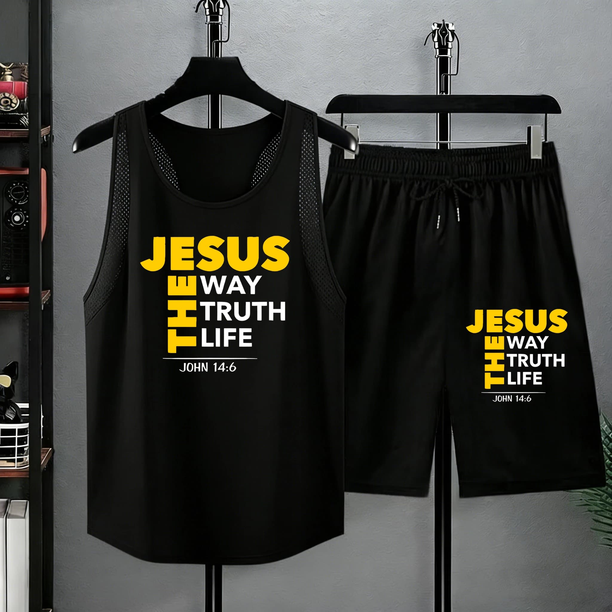 Completo Estivo da Uomo con Stampa 'Jesus The Way Truth Life', Pantaloncini Morbidi e Comodi, Canotta Semplice Versatile, Pantaloni Sportivi da Jogging