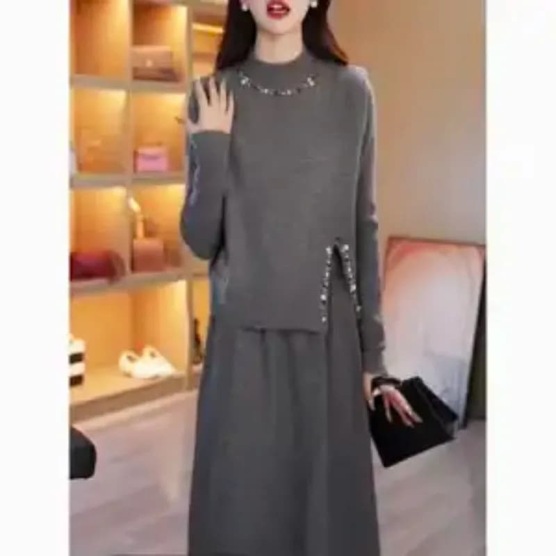 Set da due pezzi con gilet ispessito 2025 Autunno e inverno Nuovo abito gonna maglione lavorato a maglia per donna