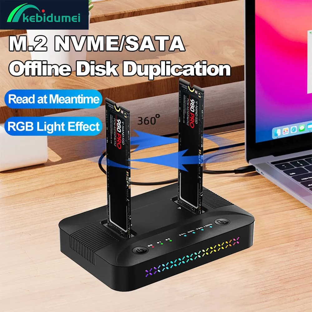 Docking station clone SSD M.2 NVME SATA dual-bay 10Gbps USB 3.2 GEN2 SSD Duplicatore disco offline Custodia SSD con effetto luce RGB