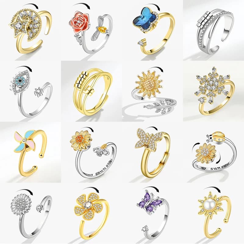 Anello di ansia stile multiplo Anelli Fidget Spinner per le donne Stella Luna Farfalla Fiore Anello rotante Ruota liberamente Gioielli 2023