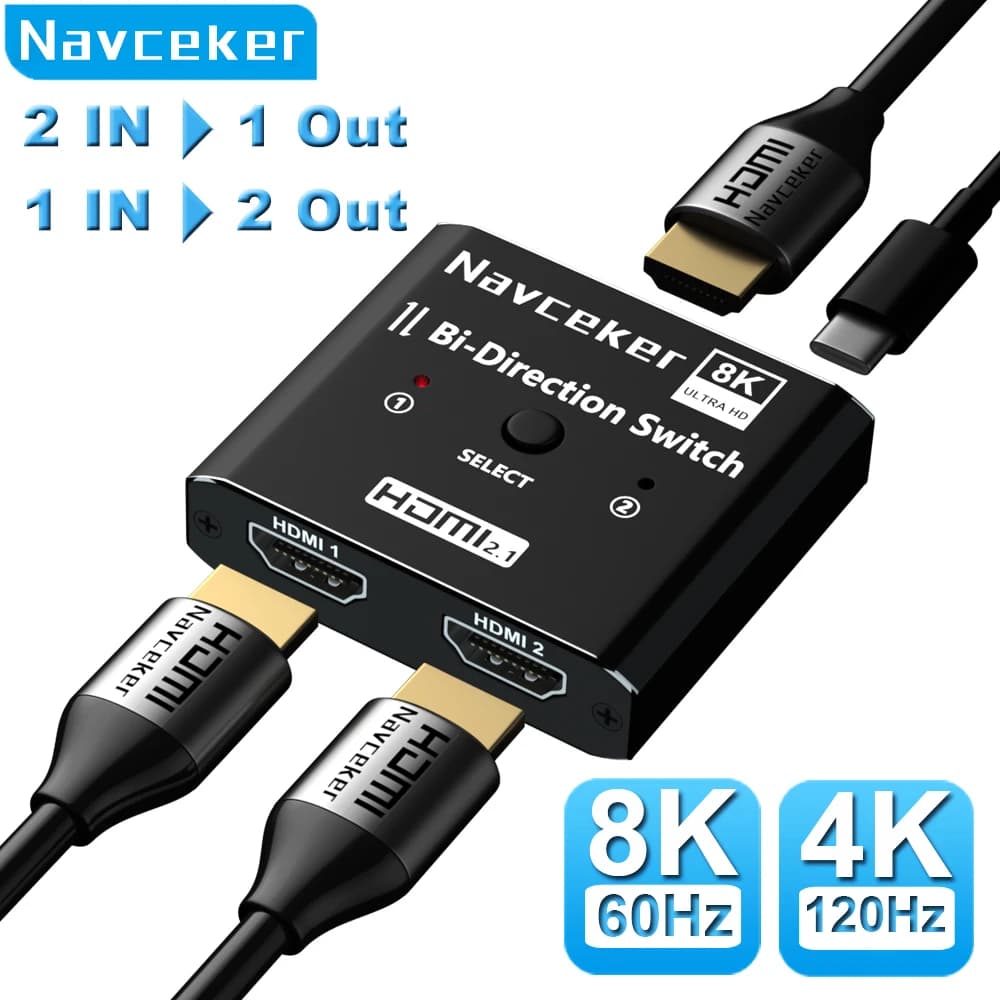 Navceker HDMI 2.1 Splitter Switch 8K 60Hz 4K 120Hz 2 in 1 out for Xiaomi Xbox Series PS5 HDMI Cable Monitor 2.1 Switcher