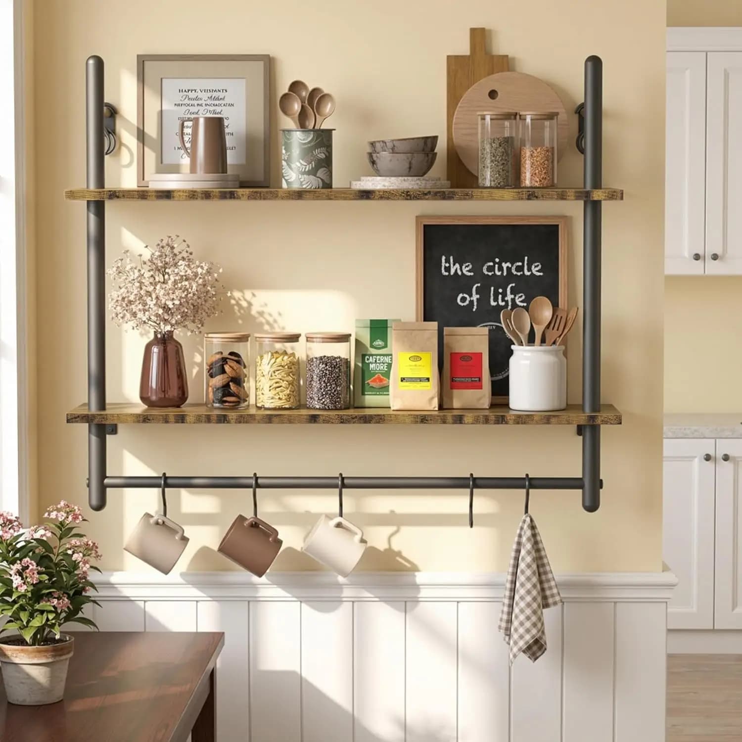 Mensola Galleggiante Industriale con Portasciugamani e Ganci - 80 cm, Montaggio a Parete, Stile Moderno Rustico in Legno e Metallo, 8 Ganci a S Inclusi