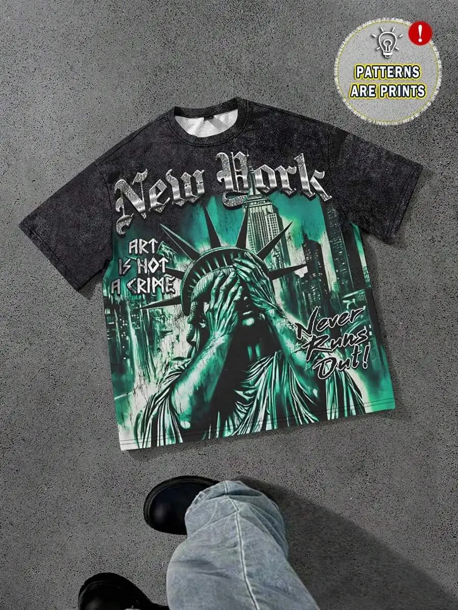 T-shirt casual a maniche corte con stampa grafica effetto distressed e girocollo
