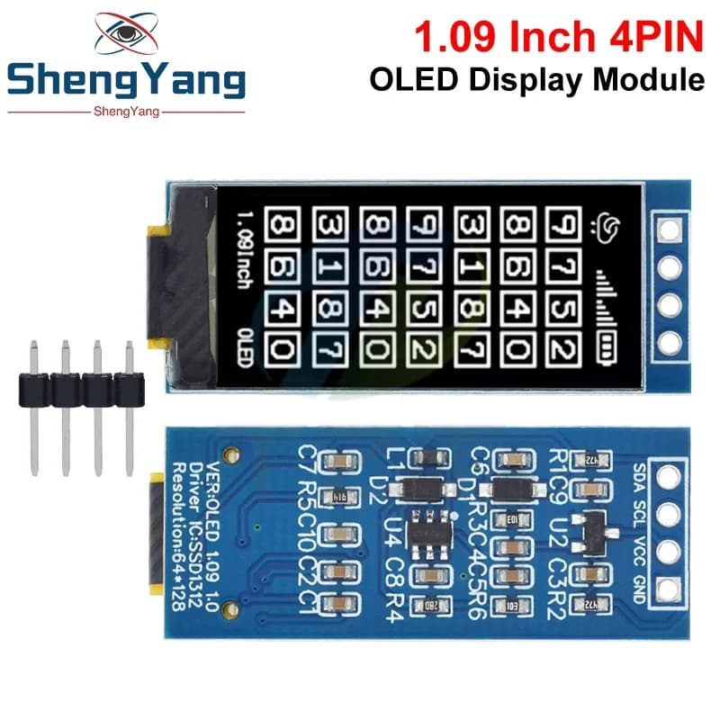 OLED Display Module 1,09 inch 128x64 white SSD1312 I2C 4-pin interface for Arduino Raspberry Pi, low consumption and wide viewing angle