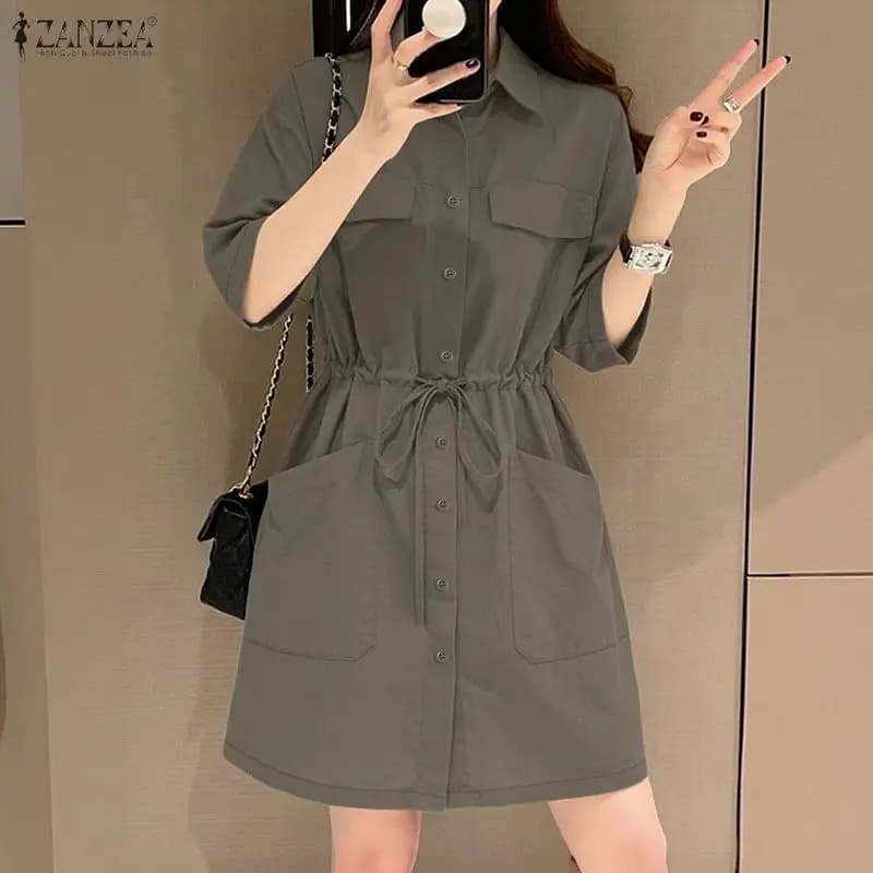 ZANZEA Women's Short Sleeve Mini Dress Cargo Turn-Down Collar Button Up Short Dresses Summer Casual Drawstring Waist Robes Femme