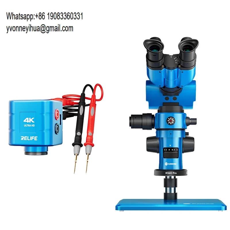 Microscopio stereo SUNSHINE R360 Pro con zoom regolabile 0.7-5.8X, doppio schermo 4K HD per riparazione telefoni, luce ad anello LED, base magnetica