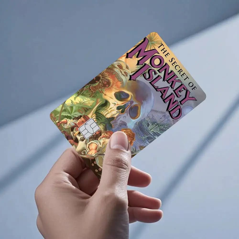 Gioco classico The Secret Of Monkey Island 4 pezzi 1 set di adesivi per carte, piccoli chip impermeabili, 4 adesivi per carte antigraffio