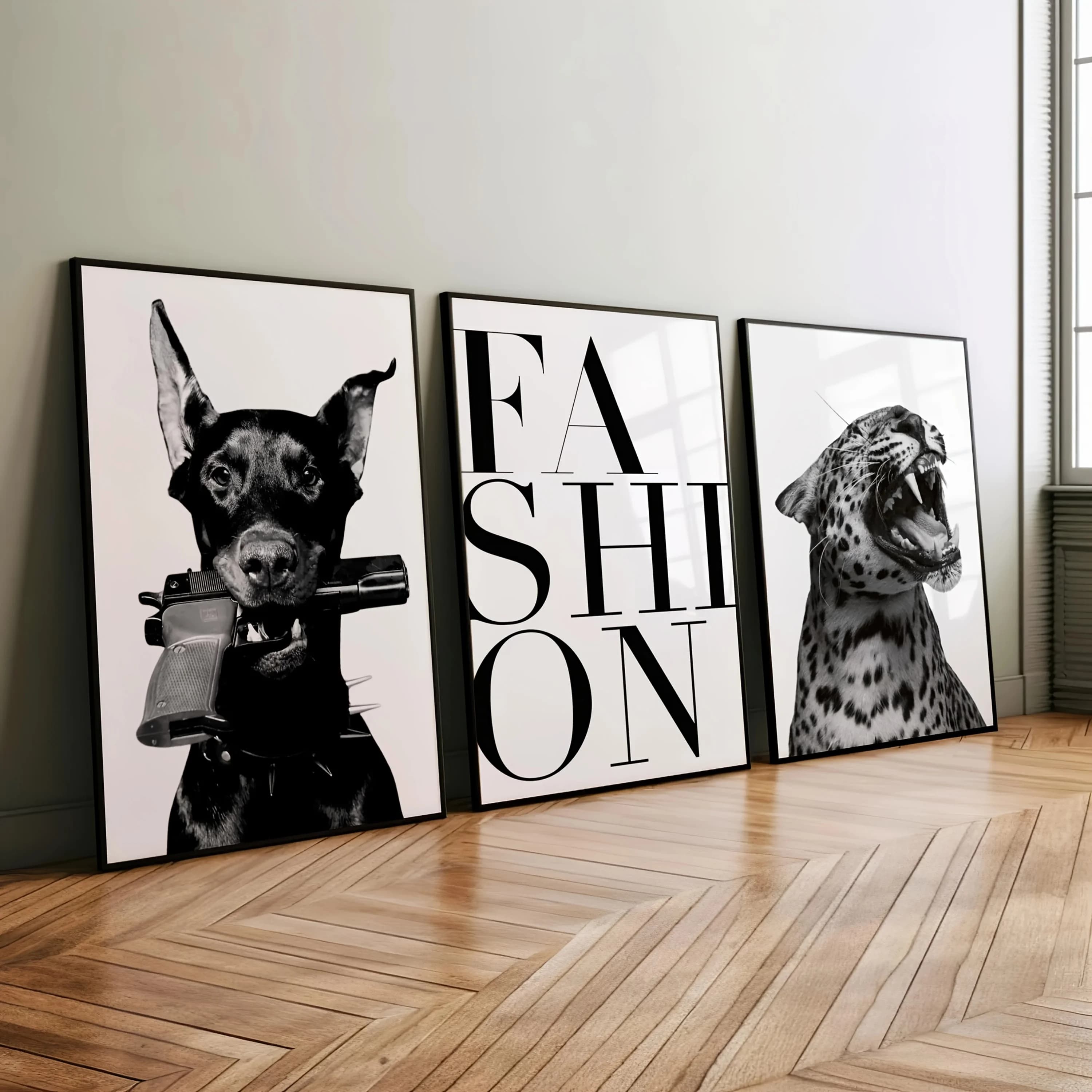 3PCS Doberman & Leopard Black White Grey Animal Poster Minimalist Dog Lover Gift Modern Wall Art Canvas Paintings For Room Decor