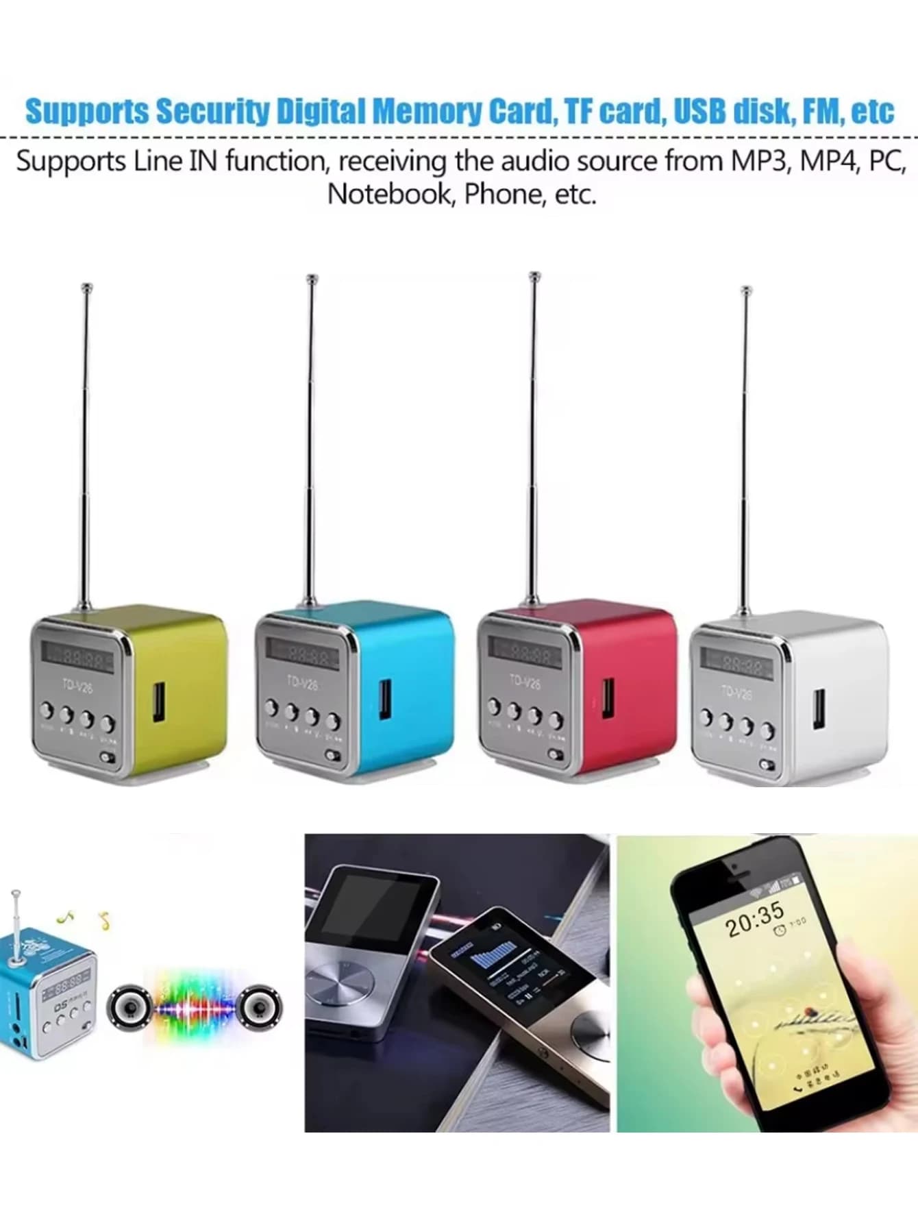 Mini altoparlante Bluetooth TD-V26 con schermo digitale, lettore MP3 con radio FM, supporto per scheda TF/chiavetta USB e batteria ricaricabile per laptop