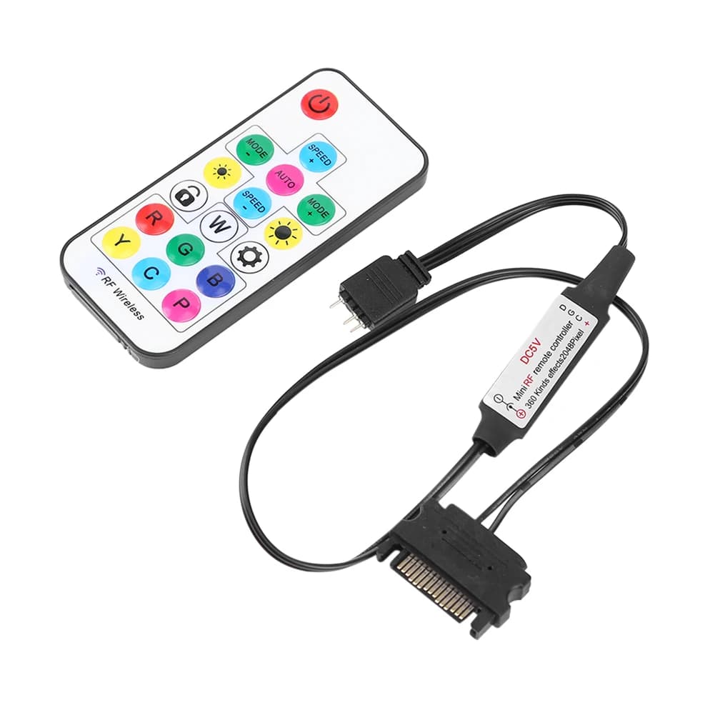 Controller LED RGB 2.4G Wireless RF 5V a Batteria con Telecomando a 17 Tasti, Accessori da 3 Pin a SATA 4 Pin per Case Computer
