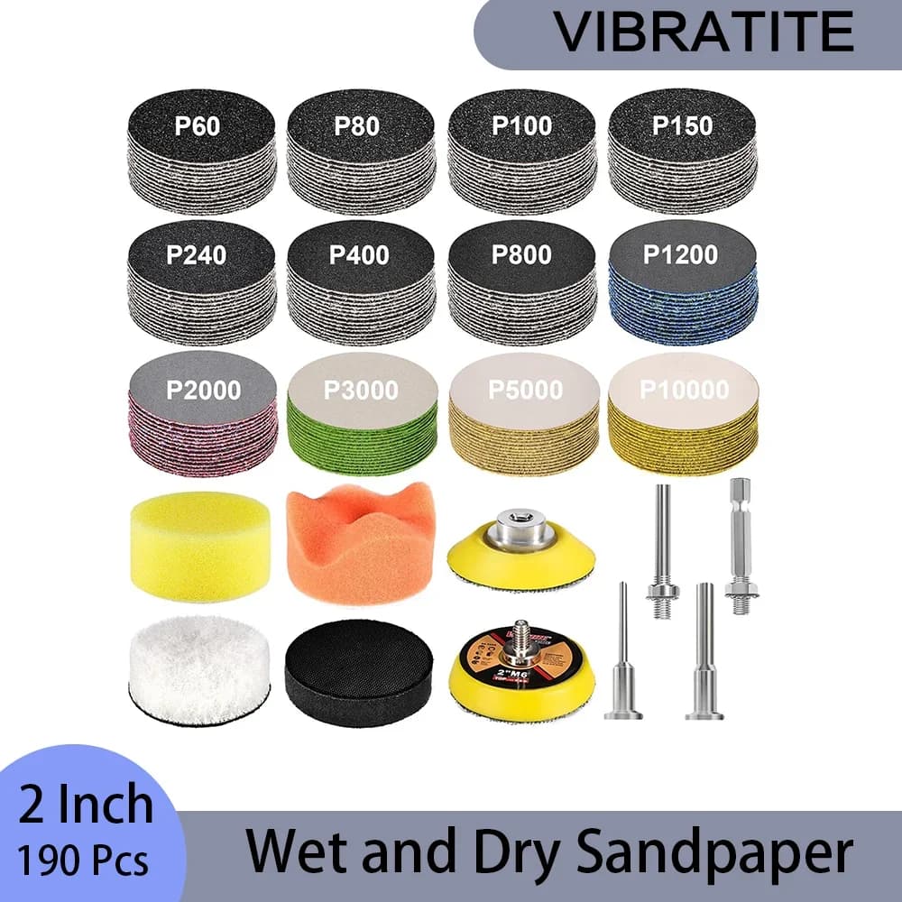 Abrasive disc with hook and ring 2 inch 190 assorted pieces dry and wet sandpaper from 60 to 10000 grain with support sponge for automatic metal